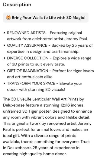 3D LiveLife Lenticular Wall Art Prints - Aloof From Deluxe Base - Unframed 3D Tiger - Size - 40cm x 30cm - RRP - 18.99