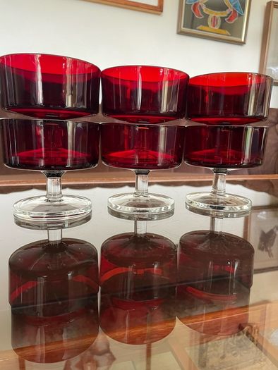 6 Vintage MCM Luminarc Cavalier Ruby Red with Smoked Glass Bowl Dessert Glasses Sherbet Cups French 1960 70s