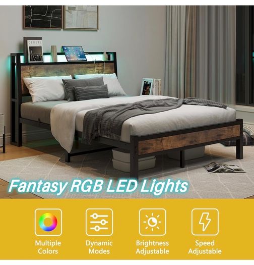 Double Bed Frame 135 x 190 cm with Wooden Storage Headboard, Black Charging Station, LED Lights, Heavy Duty Metal Slats, Under Bed Storage,No Box Spring Needed,Easy Assembly