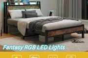 Double Bed Frame 135 x 190 cm with Wooden Storage Headboard, Black Charging Station, LED Lights, Heavy Duty Metal Slats, Under Bed Storage,No Box Spring Needed,Easy Assembly