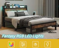 Double Bed Frame 135 x 190 cm with Wooden Storage Headboard, Black Charging Station, LED Lights, Heavy Duty Metal Slats, Under Bed Storage,No Box Spring Needed,Easy Assembly