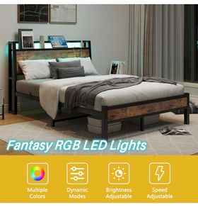 Double Bed Frame 135 x 190 cm with Wooden Storage Headboard, Black Charging Station, LED Lights, Heavy Duty Metal Slats, Under Bed Storage,No Box Spring Needed,Easy Assembly