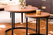 Round Coffee Table, Removable Set of 2 Side Table, Modern Nesting Table with Metal Frame Legs and Wooden Accent Top for Living Room, Bedroom, Office, Balcony, Industrial