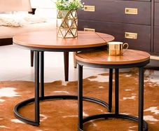 Round Coffee Table, Removable Set of 2 Side Table, Modern Nesting Table with Metal Frame Legs and Wooden Accent Top for Living Room, Bedroom, Office, Balcony, Industrial