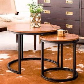 Round Coffee Table, Removable Set of 2 Side Table, Modern Nesting Table with Metal Frame Legs and Wooden Accent Top for Living Room, Bedroom, Office, Balcony, Industrial