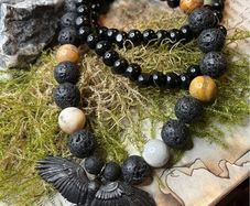 Raven Crow Lava Agate Beaded Necklace Brutalist Crust Punk Pagan Pendant Necklace Talisman Wasteland Dystopian Gothic