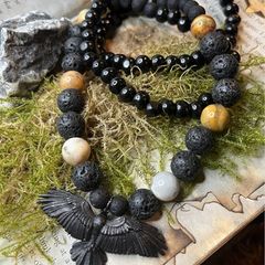 Raven Crow Lava Agate Beaded Necklace Brutalist Crust Punk Pagan Pendant Necklace Talisman Wasteland Dystopian Gothic