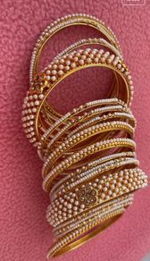 Exquisite Gold & Faux Pearl Indian Bangle Set