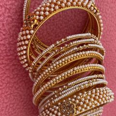 Exquisite Gold & Faux Pearl Indian Bangle Set