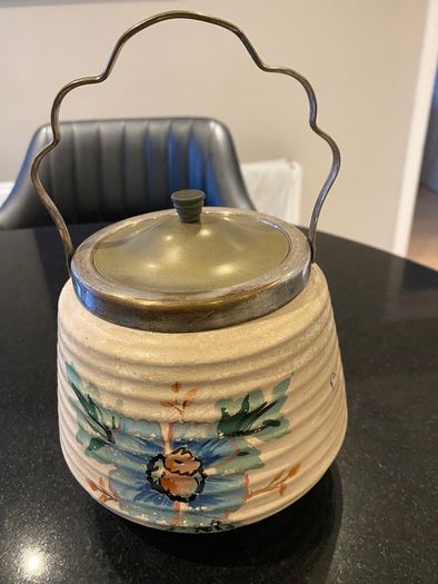 Bramley vintage ribbed biscuit barrel with  silver plated lid .