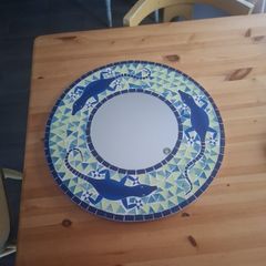 Vibrant Mosaic Glass Wall Mirror  Blue & Green Gecko / Lizard Design