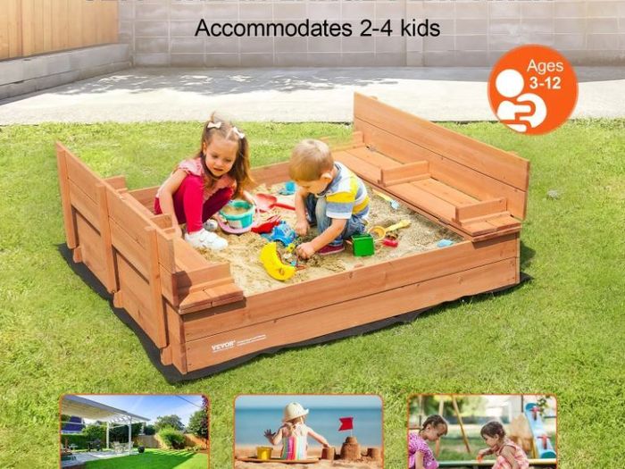 Wooden Sandbox Sand Pit with Foldable Bench Seats and Bottom Liner, Natural Wood Kids Sandbox for Outdoor Backyard