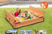 Wooden Sandbox Sand Pit with Foldable Bench Seats and Bottom Liner, Natural Wood Kids Sandbox for Outdoor Backyard