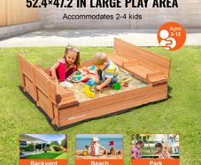 Wooden Sandbox Sand Pit with Foldable Bench Seats and Bottom Liner, Natural Wood Kids Sandbox for Outdoor Backyard