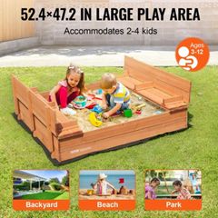 Wooden Sandbox Sand Pit with Foldable Bench Seats and Bottom Liner, Natural Wood Kids Sandbox for Outdoor Backyard