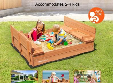 Wooden Sandbox Sand Pit with Foldable Bench Seats and Bottom Liner, Natural Wood Kids Sandbox for Outdoor Backyard
