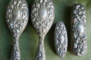 Antique Silver Plated Set Dresser Set Art Nouveau Style Floral Repousse Hair Brush Clothes Brushes  4 Pieces