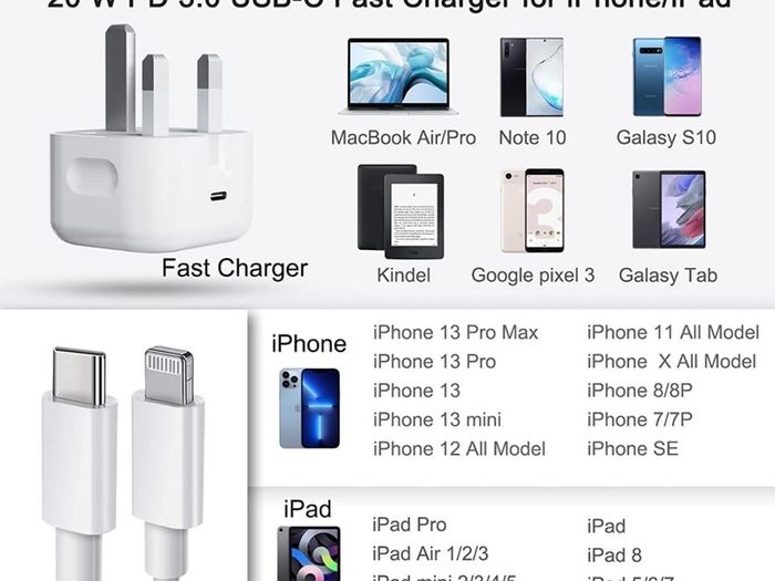 20W USB C Fast Charger With 1M Cable for iPhone 14/14 Plus/14 Pro/14 Pro Max/13 12 11 X XR XS SE 2020 8 7 6 6S Mini, Pad Pro, USBC PD Wall Charging Plug Type C Power Adapter and 3.3FT Cord