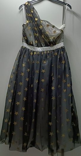 Midi dress one shoulder gold with stars print mesh overlay