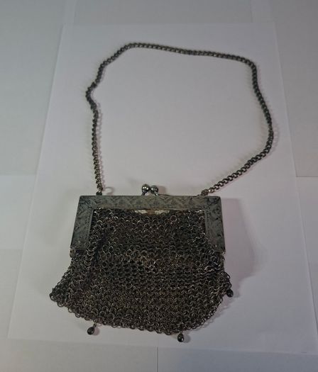 German silver chainmail mesh purse with floral clasp and chain strap
