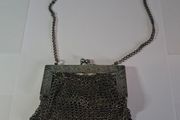 German silver chainmail mesh purse with floral clasp and chain strap