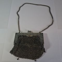 German silver chainmail mesh purse with floral clasp and chain strap