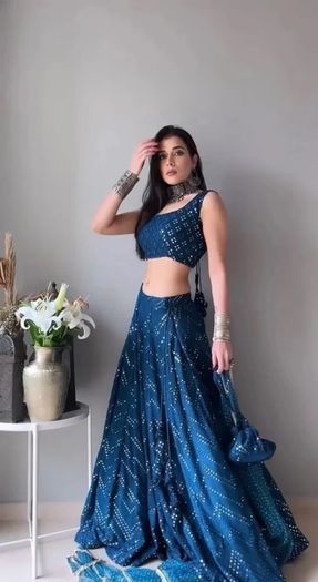 Navy Blue Lehenga Choli with Embroidery & Sequence Work - Un stitched (Size: XS-S-M-L)