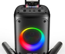 VS-275 Karaoke Machine with 2 Wireless Microphones, Portable Bluetooth Speaker with phone holder, 60w Speaker, Light Effects, Records Singing, TWS, AUX