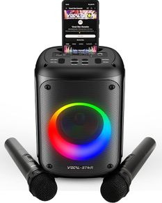 VS-275 Karaoke Machine with 2 Wireless Microphones, Portable Bluetooth Speaker with phone holder, 60w Speaker, Light Effects, Records Singing, TWS, AUX
