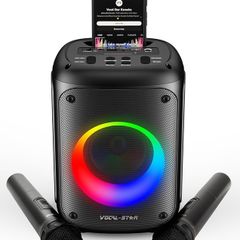 VS-275 Karaoke Machine with 2 Wireless Microphones, Portable Bluetooth Speaker with phone holder, 60w Speaker, Light Effects, Records Singing, TWS, AUX