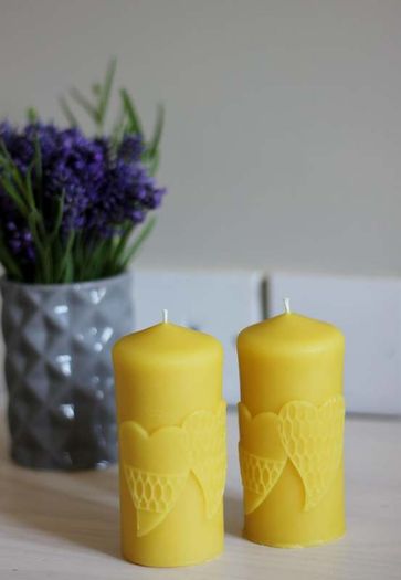 Pure beeswax candle with hearts. Valentines day gift.