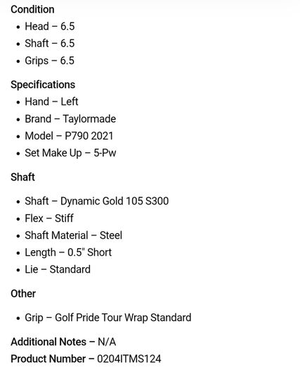 Taylormade P790 2021 Irons / 5-Pw / Dynamic Gold 105 S300 Stiff / Left Hand