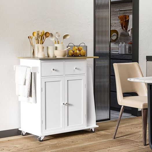 3Tier Spice Rack Rolling Kitchen Island Trolley with Rubber Wood Top, Large Storage Cabinet, Drawers & 3-Tier Spice Rack