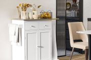 3Tier Spice Rack Rolling Kitchen Island Trolley with Rubber Wood Top, Large Storage Cabinet, Drawers &amp; 3-Tier Spice Rack