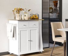 3Tier Spice Rack Rolling Kitchen Island Trolley with Rubber Wood Top, Large Storage Cabinet, Drawers & 3-Tier Spice Rack