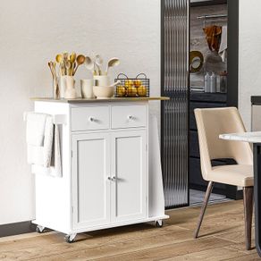 3Tier Spice Rack Rolling Kitchen Island Trolley with Rubber Wood Top, Large Storage Cabinet, Drawers & 3-Tier Spice Rack