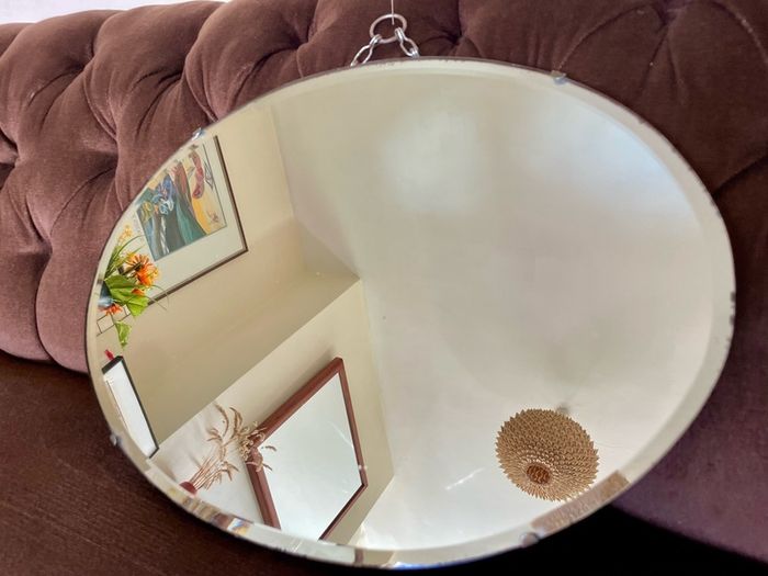 Pretty Early 20th Century Frameless Oval Bevelled Mirror with Original Chain