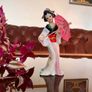 Vintage MCM Geisha Black Hair Red Obi Light Blue Pink Gold Holding a Fan 18 cm Image 3