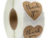 Roll of 500 heart shaped stickers THANK YOU sticker Small Kraft Paper Stickers roll of 500 stickers 1 inch