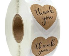 Roll of 500 heart shaped stickers THANK YOU sticker Small Kraft Paper Stickers roll of 500 stickers 1 inch