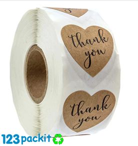 Roll of 500 heart shaped stickers THANK YOU sticker Small Kraft Paper Stickers roll of 500 stickers 1 inch
