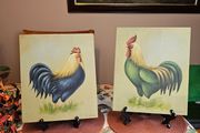 Pair of Vintage French Rooster Wood Panel Paintings - Signed Et. Latour