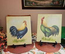 Pair of Vintage French Rooster Wood Panel Paintings - Signed Et. Latour