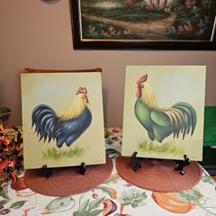 Pair of Vintage French Rooster Wood Panel Paintings - Signed Et. Latour