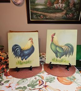Pair of Vintage French Rooster Wood Panel Paintings - Signed Et. Latour