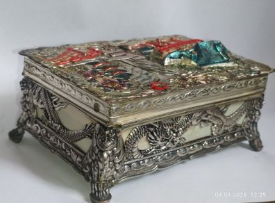 Art Deco Japanese Silver Plated Bakelite Jewelry Music Box Dragons Foo Dog 1920s