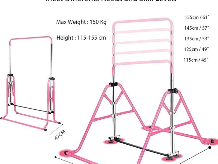 Gymnastics Bar for Kids, Junior Training Kip Horizontal Bar Gymnastics Equipment for Home, Adjustable Telescopic Height Folding Horizontal Bar with Gymnastic Rings for 3-12 Years Old Kids
