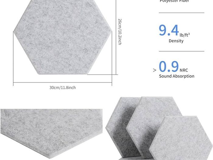 MULTIPLE COLOURS AVAILABLE 12 Pack Rdutuok High Density Hexagon Acoustic Panels,Acoustic Foam Panels 30 x 26 x1 cm Beveled Edge Tiles Sound Proof Padding for Recording Room,Offices,Home and Wall Decoration Silver Gray