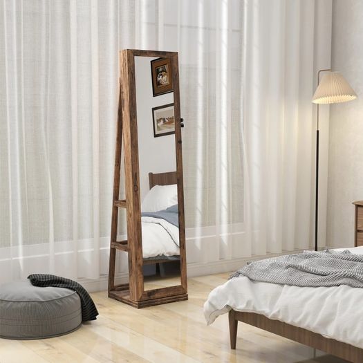 360 Swivel Jewellery Cabinet, Free Standing Full Length Mirror with Storage, Lockable Jewellery Organiser with Built-in Makeup Mirror and Storage Shelves for Bedroom, Rustic Brown