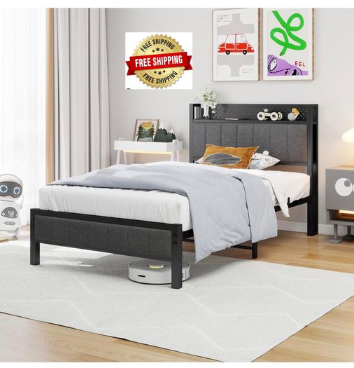 Single Bed Frame with Storage Headboard Shelf, No Box Spring Needed 3ft Upholstered Bed Frame with Heavy Duty Metal Slats, Easy Assembly,Gray, for Small Bedroom, Dorm, Guest Room